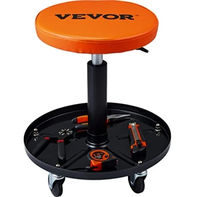 Image de VEVOR Tabouret d&#039;Atelier Mobile Charge 113,4 kg de Mécanicien à Roulettes Lisses Siège Hauteur Réglable avec Plateau Outils Cadre Robuste Assis Rembourré Confortable Garage Auto