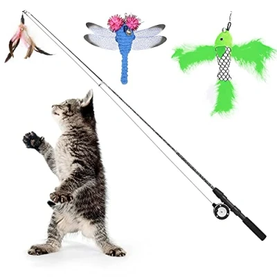 Image de Pawaboo Plumeau de Jeu pour Chat, [3PCS] Baguette Chat Intéractive avec Plume Télescopique Jouets Interchangeables, Canne à Pêche Bâton Amusant Exercice Jouet Fil Chaser
