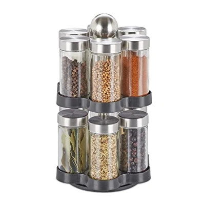 Image de relaxdays Tourniquet à épices, 12 Pots, étagère rotative 360, INOX, Verre, HxD 25,5 x 14 cm, carrousel, Argent/Noir