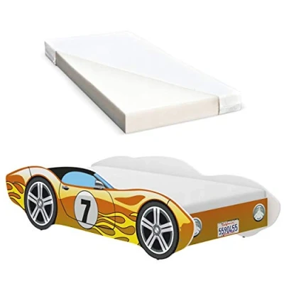 Image de iGLOBAL Lit pour Enfant Racing Car en Forme de Voiture avec sommier à Lattes Matelas Mousse 140 x 70 cm Jaune