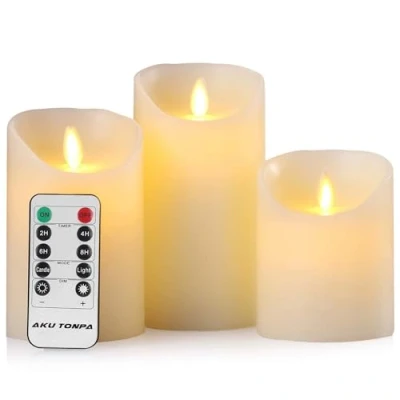Image de bougies à LED Lot de 3 sans flamme piles en cire véritable avec mèche mobile et télécommande Minuterie 24 heures (P x H : 8,3 10/12,7/15,2 cm)