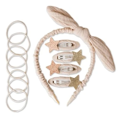 Image de Papierdrachen Ensemble d&#039;accessoires de cheveux spéciaux avec serre tête, pinces à paillettes, élastiques combinés du tissu mousseline qualité supérieure Beige Pour filles et