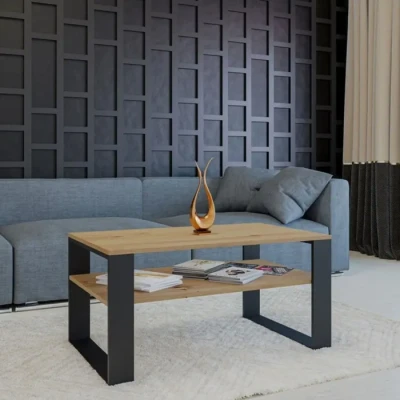 Image de Table basse MODI Artisan Chêne / Noir avec étagère moderne pour salon Style industriel