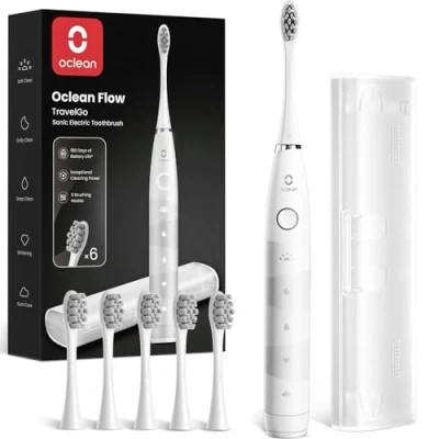 Image de Oclean Brosse à Dents Électrique TravelGo FlowSet, Autonomie de 180 jours avec 6 Brossettes et 5 Modes, Sonique, Minuterie &amp; Rappel 30s, 1 Étui Voyage, Set Blanc
