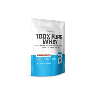 Image de BioTechUSA 100% Pure Whey Complexe de protéines lactosérum et bromélaïne, avec des acides aminés, sans sucres ajoutés, huile palme, 454 g, Fraise