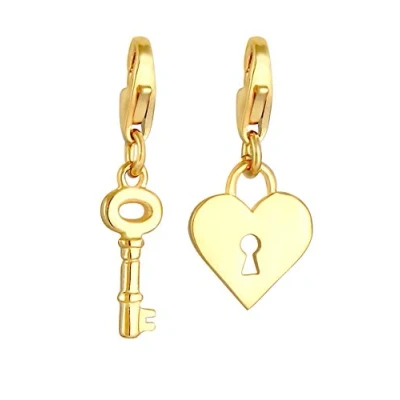 Image de Pendentif clé et Cadenas en Argent Sterling 925 plaqué Or pour Femme Ensemble de pendentifs avec élément cœur dans Le Signe l&#039;amour Compatible Tous Les Types Porte Breloques