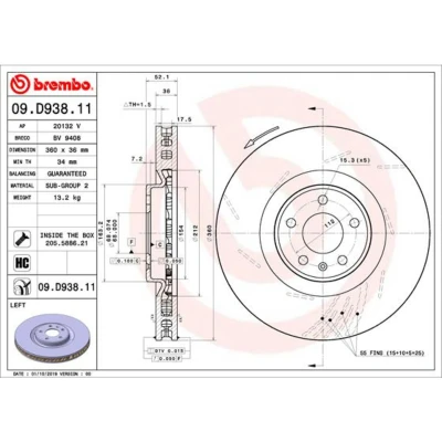 Image de BREMBO 09.D938.11 Disque de frein 360 36 5 ventilé l&#039;intérieur, fendu revêtu à haute teneur en carbone avec vis/boulons PORSCHE: Macan