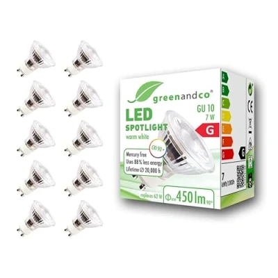 Image de greenandco 10x IRC 90+ 3000K 36 Spot à LED GU10 7W équivalent 62W, 450lm blanc chaud SMD 230V AC, verre, aucun scintillement, non graduable