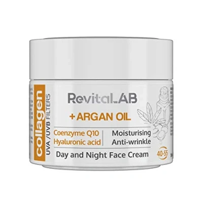 Image de RevitaLAB Crème de jour et nuit au collagène hydratante anti âge, enrichie en acide hyaluronique, coenzyme Q10, huile d’argan filtre à rayons UVA/UVB, pour personnes 40 55 ans, 50 ml
