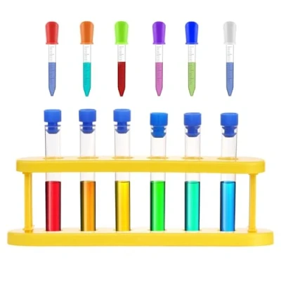 Image de Lot de 13 tubes à essai en plastique avec pipettes compte gouttes et support pour Science Experimente Tube laboratoire créatif
