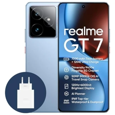 Image de realme GT7 5G Smartphone,12+256GB,Batterie 7000 mAh,120W Charge,Processeur Dimensity 9400e, Appareil Photo IMX906 50MP,AI Planner,Écran e Sport Pro 6000 nits 120Hz, IP69, Bleu,Exclusivité Amazon