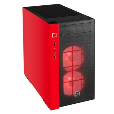 Image de SilverStone SST RL08BR RGB Boîtier d&#039;ordinateur de jeu mini tour Red Line tour, panneau latéral en verre trempé, noir