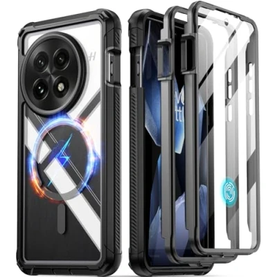 Image de Poetic Guardian coque pour OnePlus 13 5G, protection d&#039;écran intégrée [fonctionne avec identification d&#039;empreintes digitales], [2 cadres avant] intégrale antichoc transparente, noir/transparent