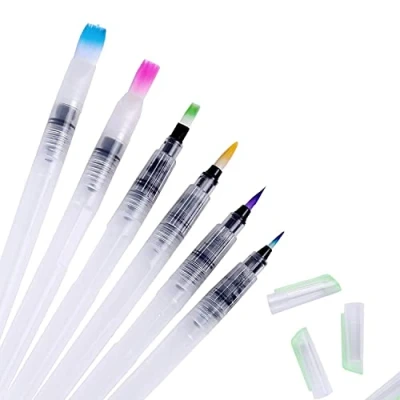 Image de 6 pièces stylos Pinceau à Eau, Stylo Eau avec réservoir d&#039;eau remplissable, Ensemble de Dessin Pointe Fine Brosse Plate