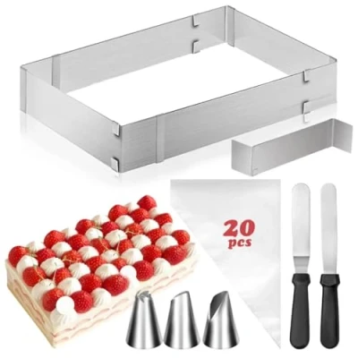 Image de YSWOVUO Cadre Patisserie Rectangulaire Extensible, en Acier Inoxydable, Moule avec 2 Spatule &amp; Douille pour Petits et Grands Gâteaux Tartes