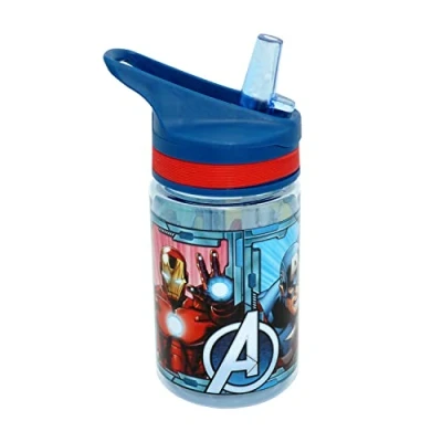 Image de Marvel Avengers Bouteille d&#039;eau de sport avec paille 400 ml, 12,5 cm, anti fuite, sans BPA, matériau Tritan non toxique pour la course à pied, les voyages, convient au dioxyde carbone Cadeau