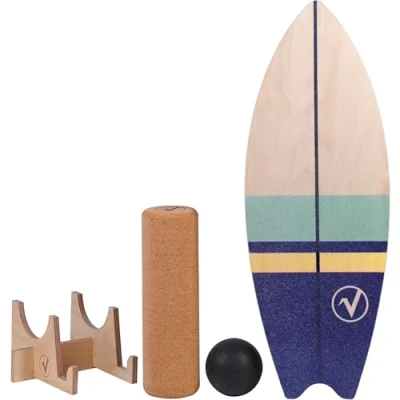 Image de valuents planche d&#039;équilibre en bois forme de surf avec rouleau pour entraînement à réponse neuromusculaire + : support et ballon