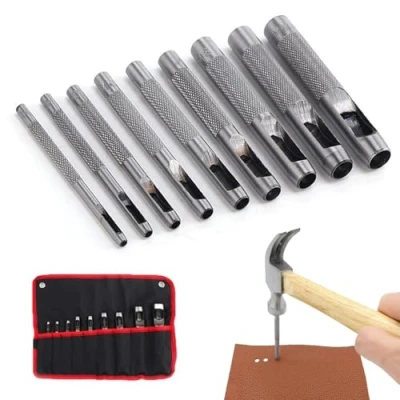 Image de Bztzhm 9 Pièces Lot de poinçons pour Cuir, Creux Poinçon en Acier Rond Set, Creux, Cuir Acie, Percer des Matériaux Souples Bande Montre,Toile, Oeillet