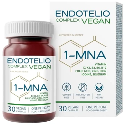 Image de Endotelio 1 MNA Vegan, Supplément Anti âge, Optimise le NAD+, Vitamines et Minéraux pour Femmes Hommes avec D3, K2, B2, B6, B12, Acide Folique, Zinc, Fer, Iode, Sélénium, Fatigue, 30 Capsules