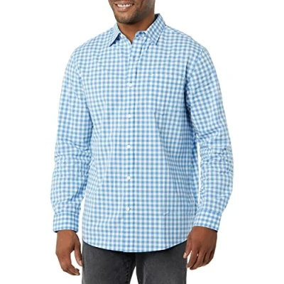 Image de Amazon Essentials Chemise en Popeline Extensible À Manches Longues Et Coupe Standard Homme, Bleu Clair Blanc Motif Vichy, XS