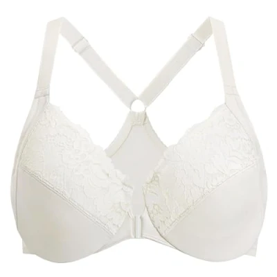 Image de DELIMIRA Femme Soutien Gorge Fermeture Devant Grande Taille avec Armature Dos Nageur Dentelle Blanc Laiteux 110C