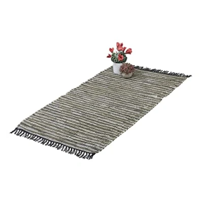 Image de Relaxdays Tapis tissé, 70 x 140 cm, Coton et Cuir, Descente de lit à Franges, antidérapant, natte décorative Vert