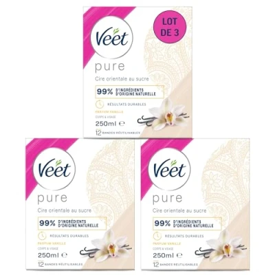 Image de Veet PURE Cire Chaude au Sucre et Vanille Epilation Sans Bande Lot de 3 x 250ml