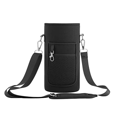 Image de kwmobile Étui Bouteille néoprène Porte en avec Sangle Ajustable et Poches pour Bouteilles 2 L Max Housse Gourde 23,5 x 11 cm Noir