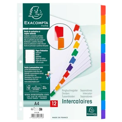 Image de Exacompta Réf. 2312E Carton de 20 Intercalaires en carte blanche 160g/m2 FSC® avec 12 onglets neutres couleurs renforcés et plastifiés Page d&#039;indexation imprimable Format à classer A4
