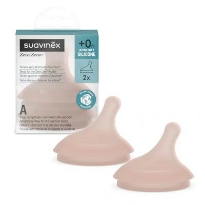 Image de Suavinex, Lot 2 Tetines pour Biberon Anti Colique Zero Zero. Débit Spécial Allaitement (A), Adaptable, Spécifique Bébés Allaités s&#039;Adapte à la Force de Succion du Bébé, en Silicone, 0 M, Deep