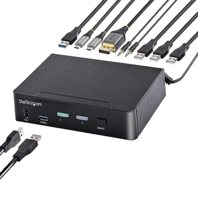 Image de StarTech.com Switch KVM USB C DisplayPort à 2 ports Vidéo HDR UHD 4K 60Hz Audio 3.5, Hub 5Gbps 4x HID et 2x 1 3.2 Gen Commutateur Type Compatible TB3/4 (SV231DPUCA)