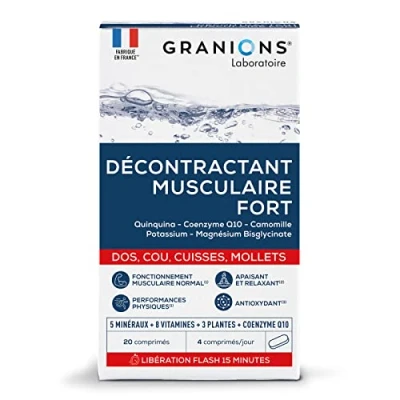Image de GRANIONS Décontractant Musculaire Fort Apaise les contractures du dos, cou, cuisses, mollets I Douleurs Intenses 5 minéraux, 8 vitamines, 3 plantes Co enzyme Q10 Action rapide 15min 20 comp