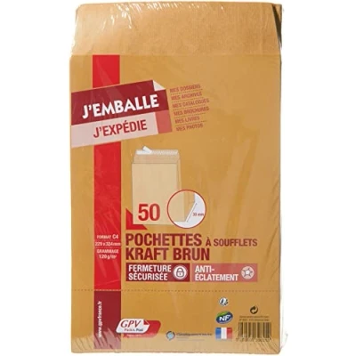 Image de GPV Paquet de 50 pochettes kraft brun auto adhésives, format C4 229 x 324 mm soufflet 30 120g