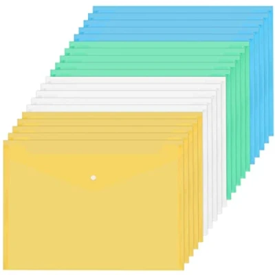 Image de 20Pcs Porte Document A4, Étanche Pochette Plastique A4 avec Bouton Pression, Transparente Chemise Rangement Papier Enveloppe Dossier pour Bureau Ecole, 4 Couleurs(Transparent+Bleu+Vert+Jaune)