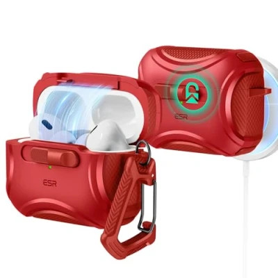Image de ESR Coque pour AirPods Pro 2/1 (2023/2022/2019), Compatible avec 2e Génération (Câble USB C/Lightning), MagSafe sans Effort, Antichute, Ouverture Facile, Série Cyber, Rouge