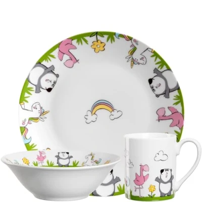 Image de Leonardo Bambini 023152 Service de table pour enfant 3 pièces en porcelaine qualité supérieure Passe au lave vaisselle et micro ondes Robuste Avec motifs animaux lion, éléphant, crocodile