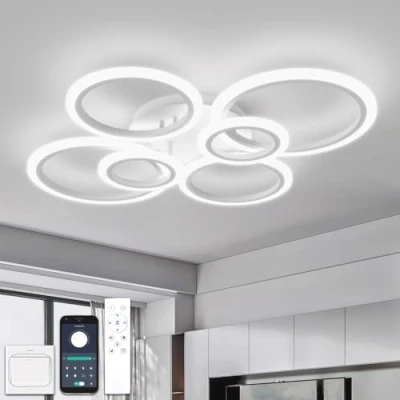 Image de YOLEDY Luminaire Plafonnier Led avec Télécommande &amp; APP, Éclairage de plafond 6 Anneaux, Dimmable, Fonction Mémoire Lumière, Minuterie, Lustre Moderne Salon Salle Chambre Bureau, Blanc