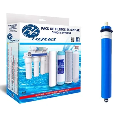 Image de Membrane 50 GPD + Pack de 4 filtres Standard. 1 filtre à sédiments, charbon GAC, bloc et post en noix coco naturelle. Babagua.