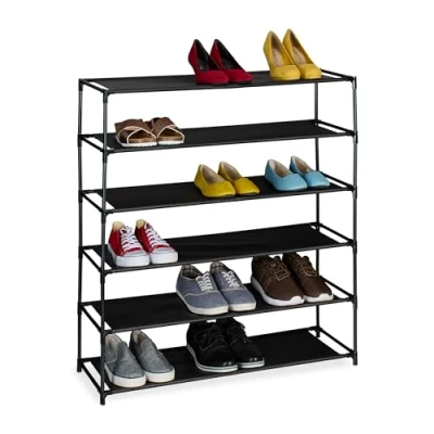 Image de Relaxdays Rangement à Chaussures, 6 Niveaux, Structure métal &amp; Niveaux en Tissu, pour l’entrée, Noir