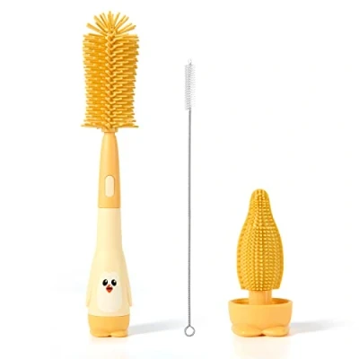 Image de 3 en 1 Silicone Goupillon Biberon, Gourde Compact et Debout, Multifonction Brosse Biberon pour Bebe Gourdes, Tetine, Paille