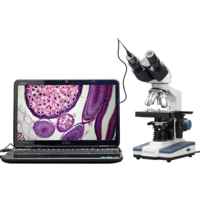 Image de AmScope B120C E1 Microscope binoculaire numérique à LED grossissement 40 x 2500 avec platine 3D et appareil photo USB 1,3 Mpx
