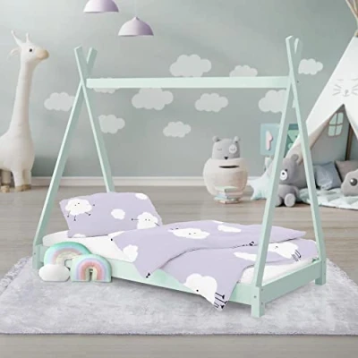 Image de ML Design Lit d&#039;enfants Tipi 70x140 cm avec Sommier à Lattes, Bois Massif Menthe, Tente Indien, Cadre de pour Fille et Garçon, Stable, Robuste, Jeu Intérieur, Simple d`Adolescents
