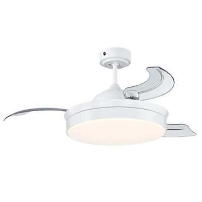Image de Westinghouse Lighting 73043 Ventilateur de plafond à LED avec télécommande et lampe Tori moderne, 105 cm, finition en blanc, verre opale dépoli, pales rétractables