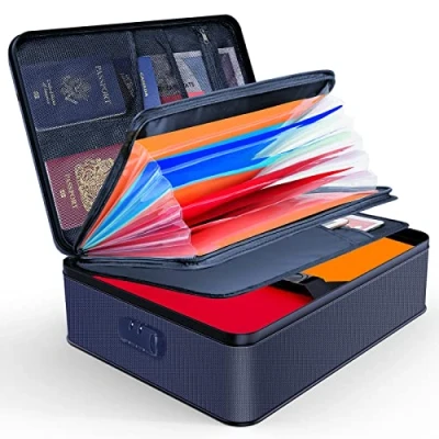 Image de JUNDUN organiseur de documents, porte documents ignifuge avec serrure, boîte rangement à 7 compartiments, fichiers, portable pour importants, dossiers (bleu)