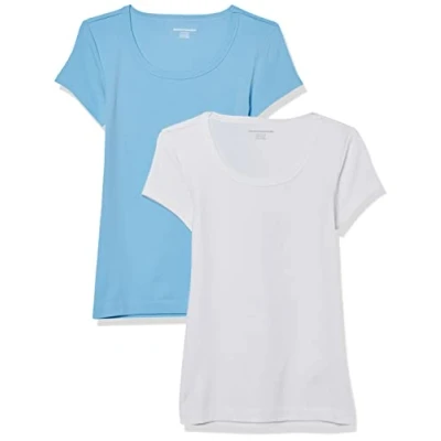 Image de Amazon Essentials T Shirt Ajusté à Manches Courtes et Encolure Dégagée Femme, Lot de 2, Blanc/Bleu Clair, M