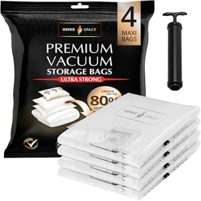 Image de GENIE SPACE Sacs de rangement sous vide incroyablement résistants et peu encombrants 4 x MAXI (110x90cm) Étanches réutilisables Créez 80% d&#039;espace en plus Pour vêtements, serviettes, etc
