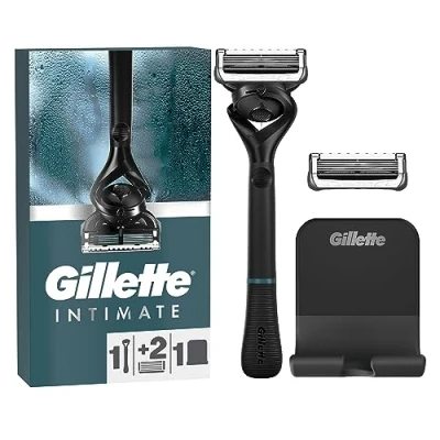 Image de Gillette Intimate Rasoir Pour Homme, Doux Et Facile A Utiliser, Poils De La Zone Intime, 1 Manche Rasoir, 2 Recharges Lames