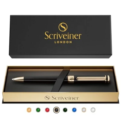 Image de Scriveiner Stylo Bille Coffret à Noir Laqué Finition Or 24 Carats, Rechargeable et Rétractable, Beau Cadeau pour Homme &amp; Femme avec Boîte, Accessoire de Bureau Professionnel