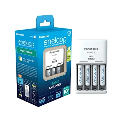 Image de eneloop Basic Chargeur, pour 2 ou 4 Piles Rechargeables AA/AAA, 10h de Temps Charge, 6 Fonctions sécurité, AAA (800 mAh) incluses