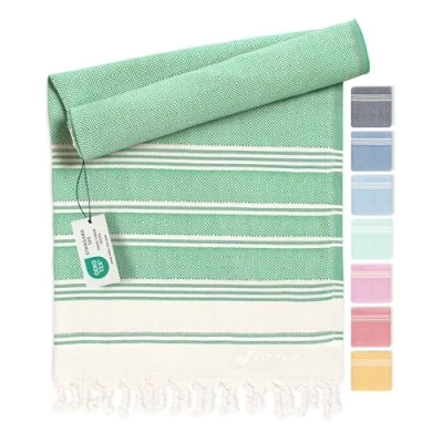 Image de Serviette de Plage hammam Fouta en Coton 100% recyclé Turque à séchage Rapide, fouta, Bain pestemal idéale comme Drap XXL Vert 100x200cm Diamon